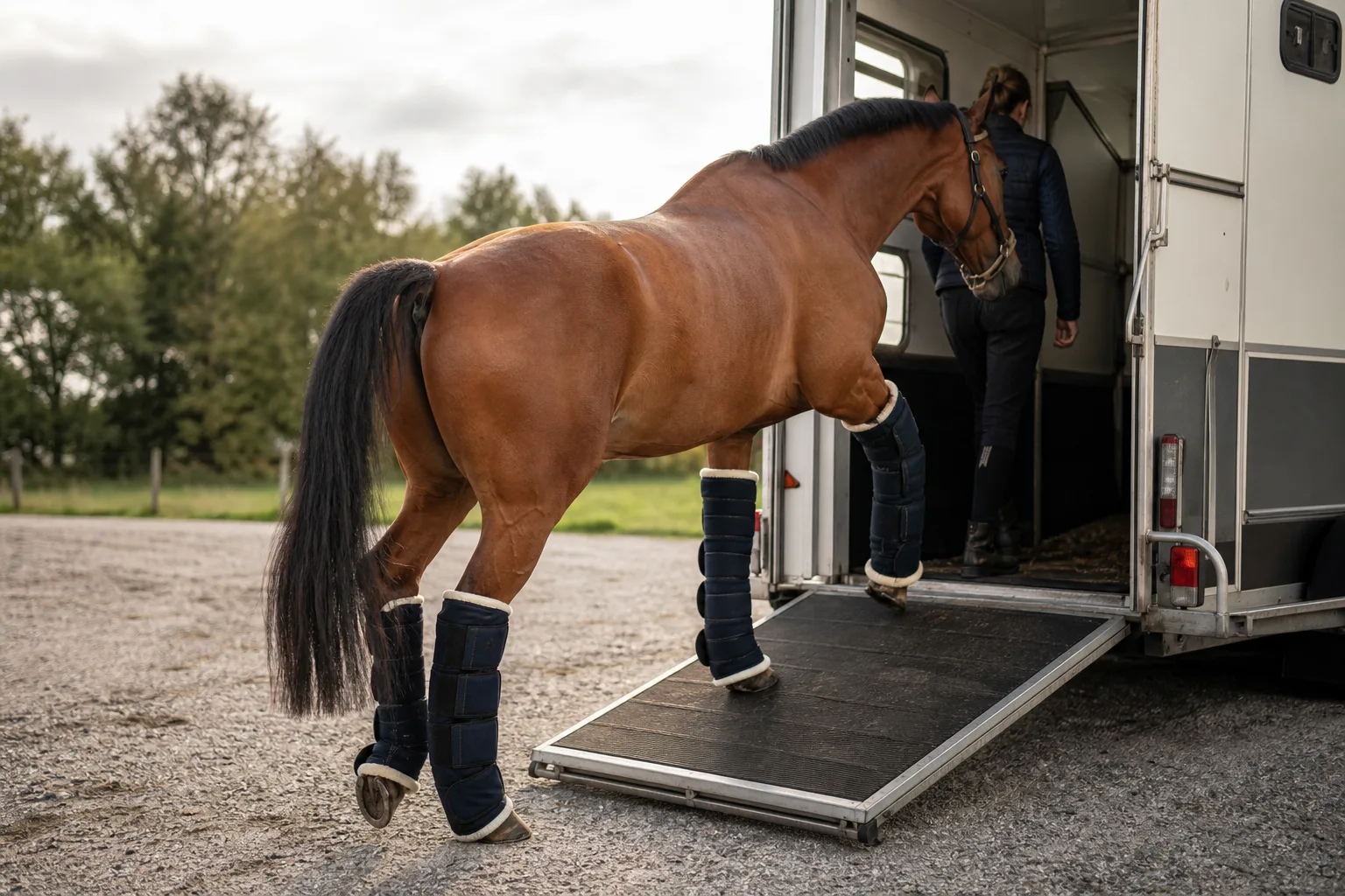 Häst med höga transportskydd på väg in i en hästtrailer