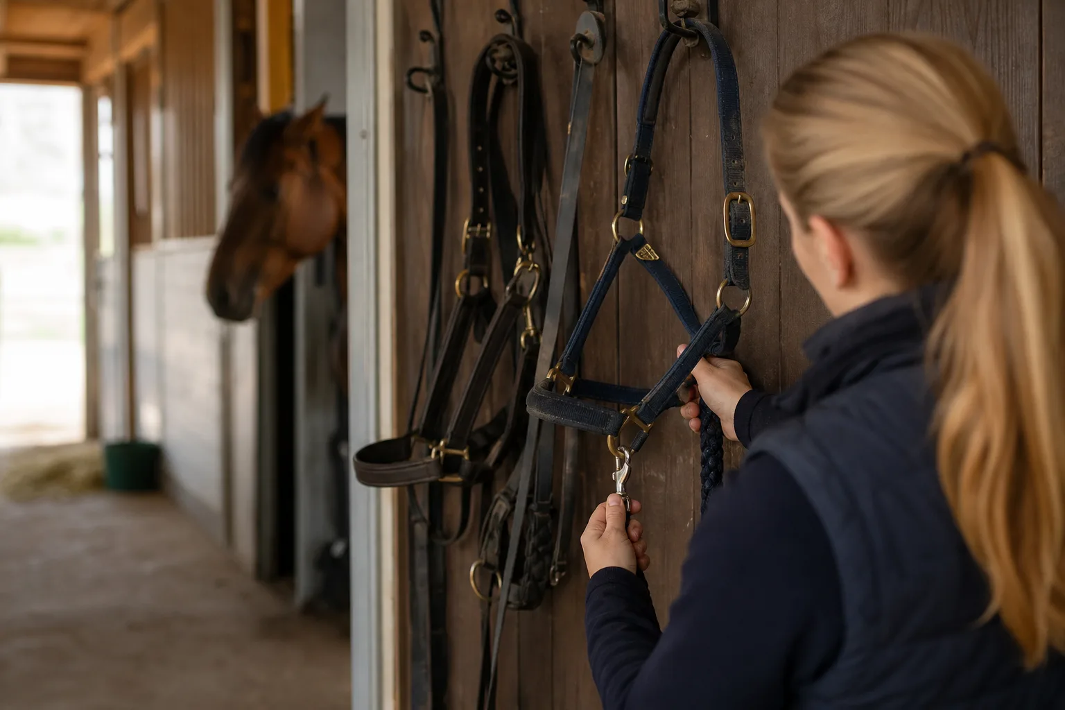 Grimskaft med karbinhake hopsatt med grimma i sadelkammaren