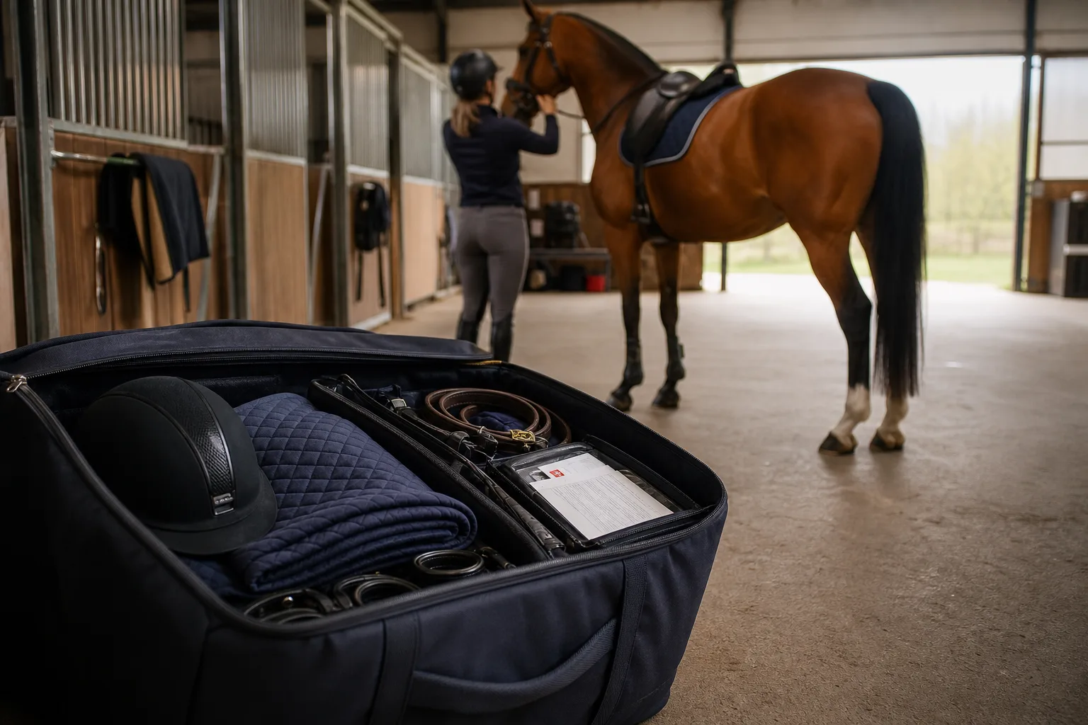 Packad tävlingsväska med hjälm, schabrak och dokument inför en ridtävling