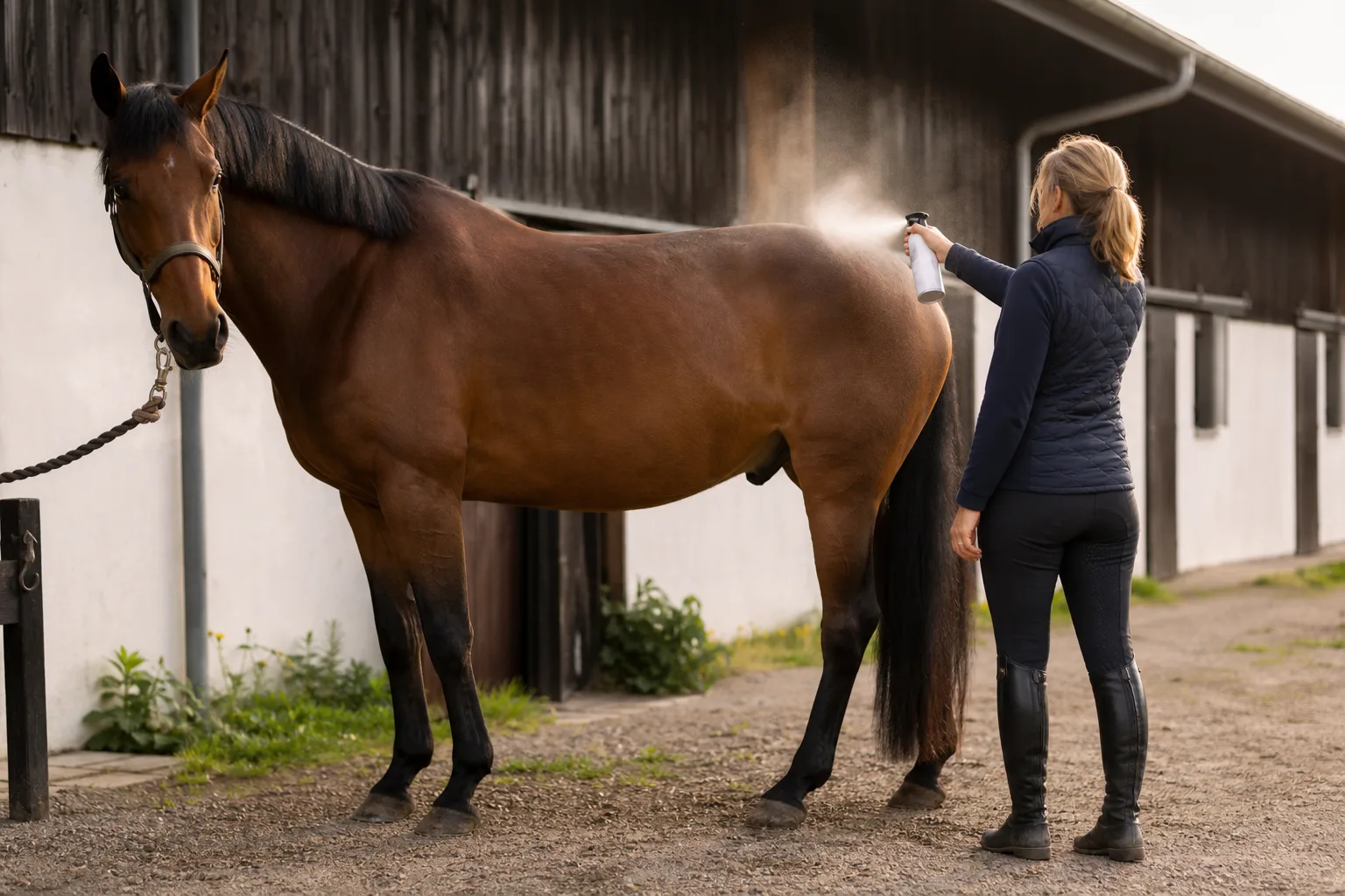 Flugspray sprayas på hästens päls med jämna, svepande rörelser