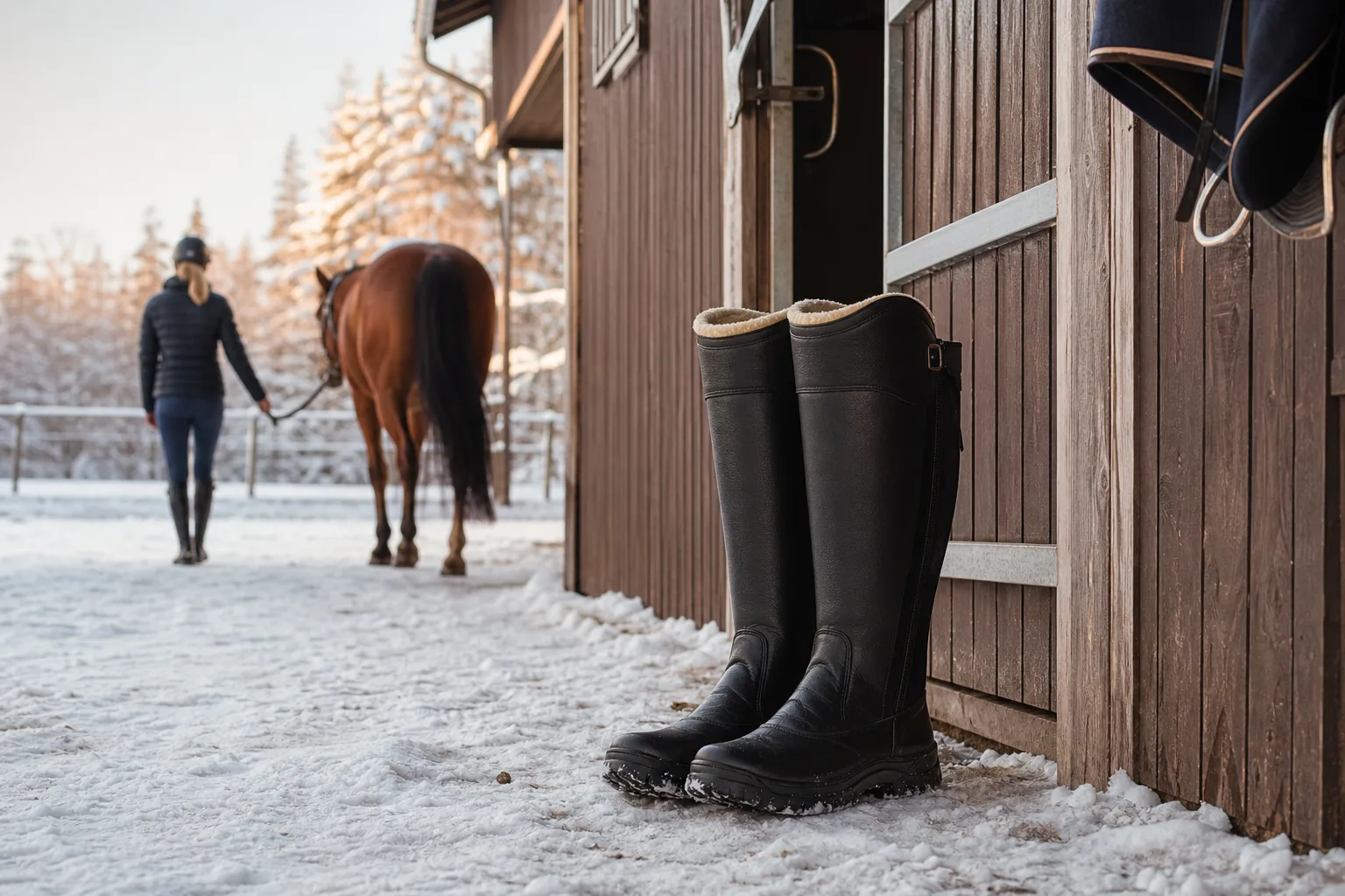 Fodrade vinterridstövlar i snö utanför ett stall