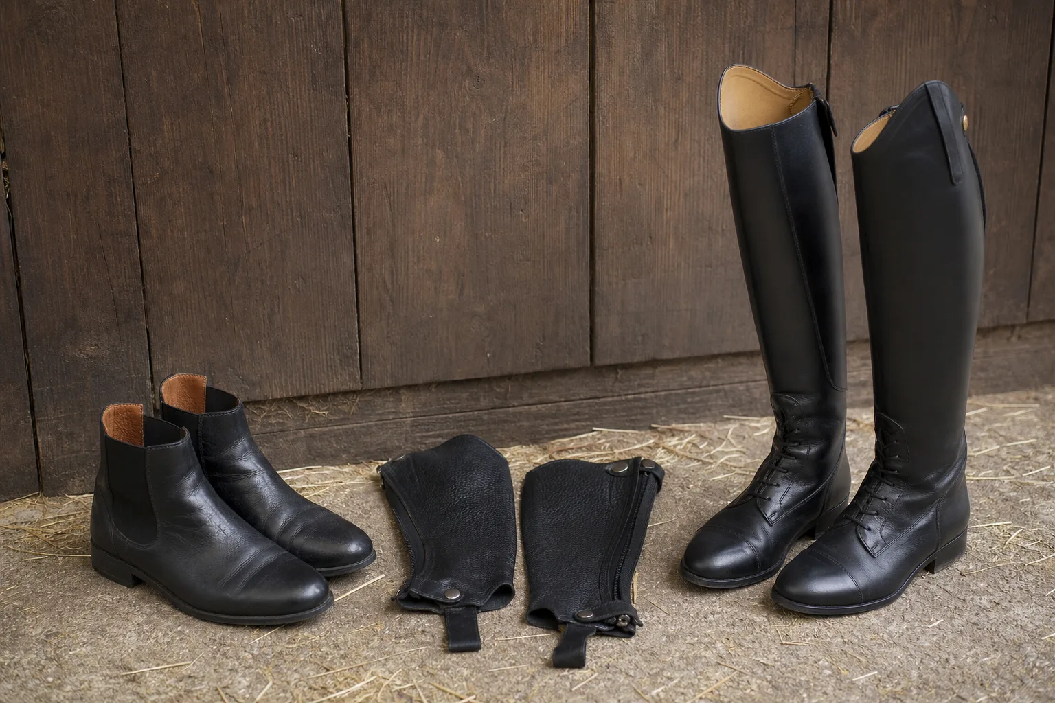 Jodhpurs, ett par chaps och en ridstövel utlagda bredvid varandra