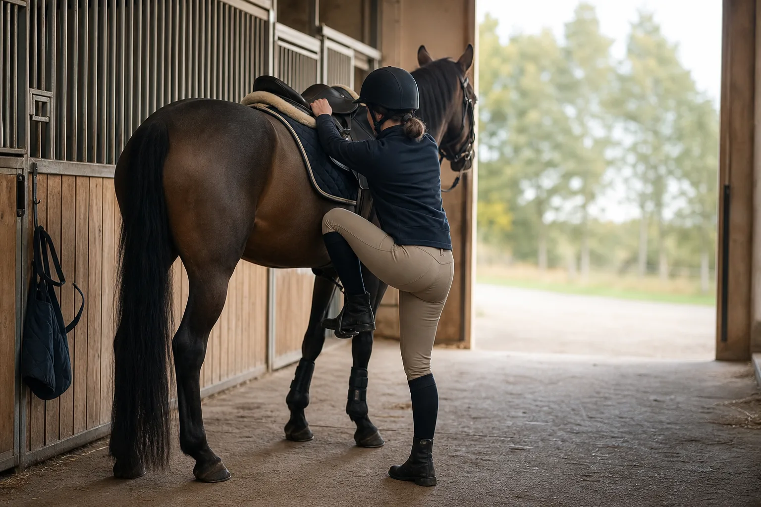 Ryttare i ridskor och jodhpurs som kliver upp i stigbygeln