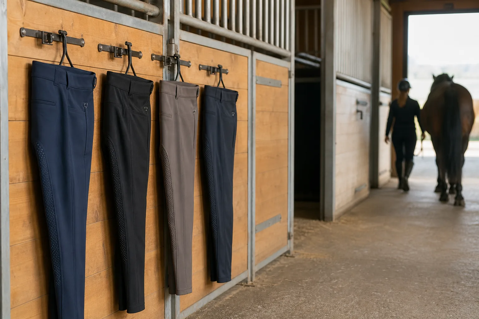 Fyra par ridbyxor för dam upphängda i en stallgång