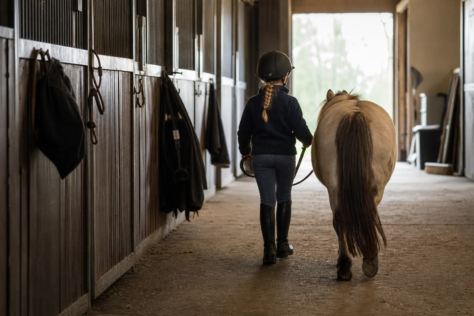 Barn i ridbyxor och stövlar leder en ponny i stallgången