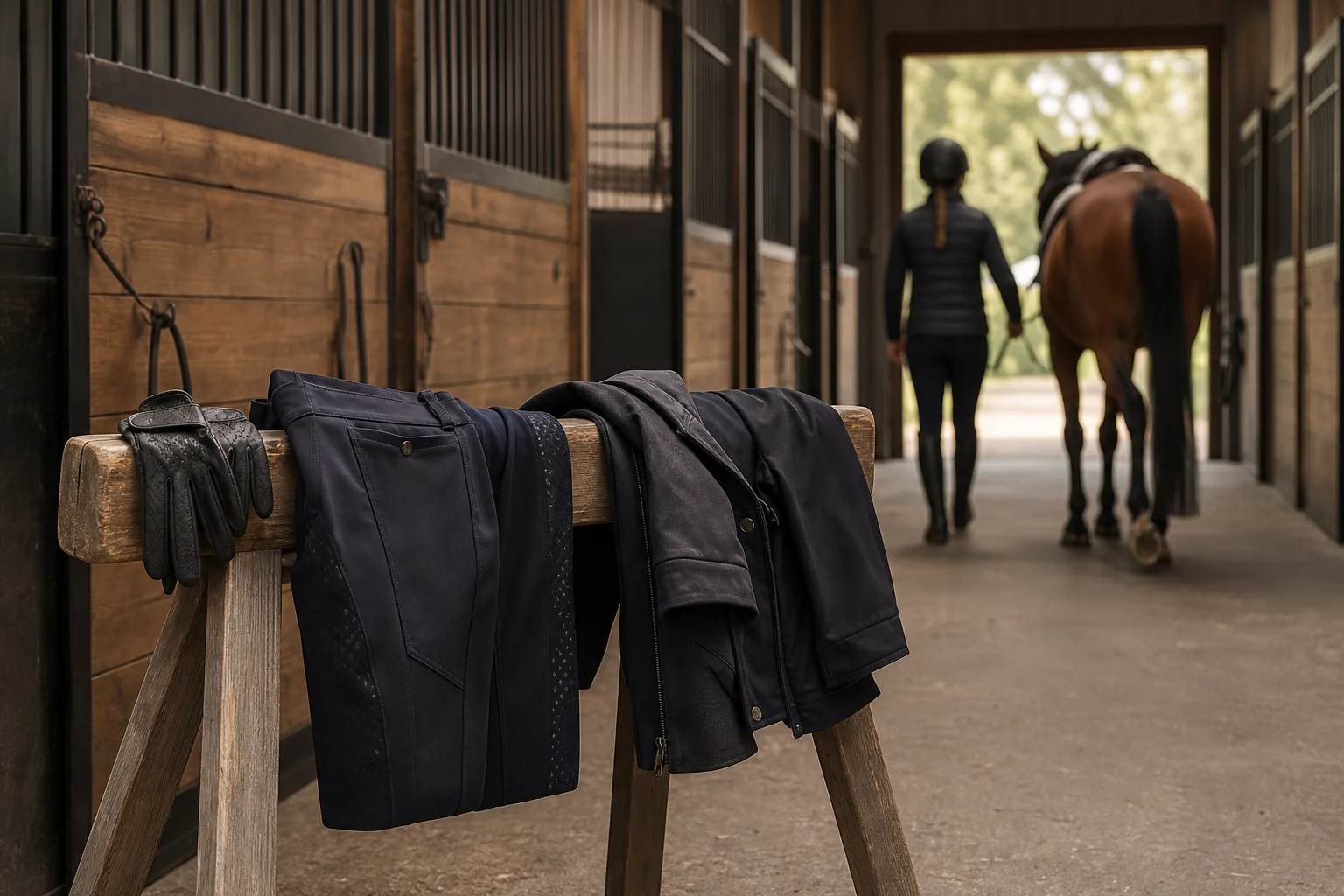 Ridbyxor, ridjacka och ridhandskar utlagda på en sadelbock i stallet