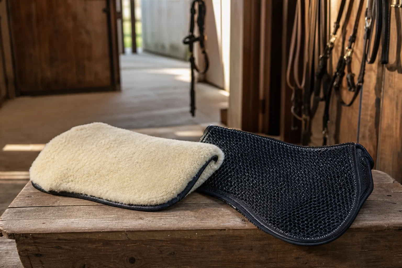 Gelpad och fårskinnspad lagda bredvid varandra för jämförelse
