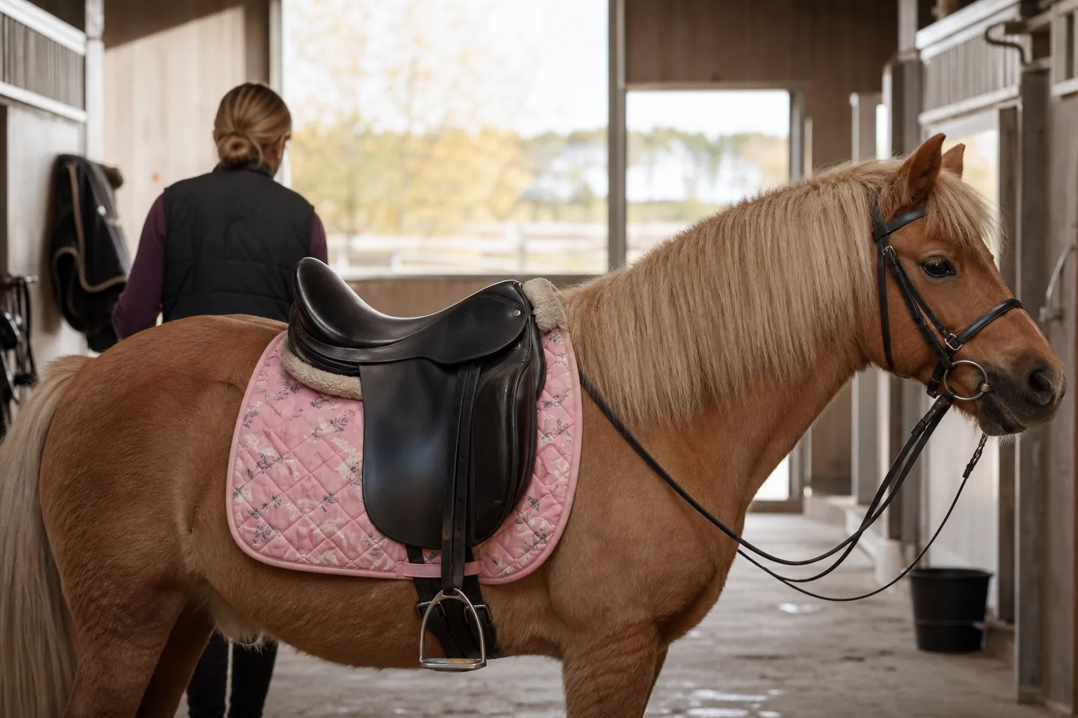 Ponny med schabrak i barnvänligt mönster förberedd för ridning
