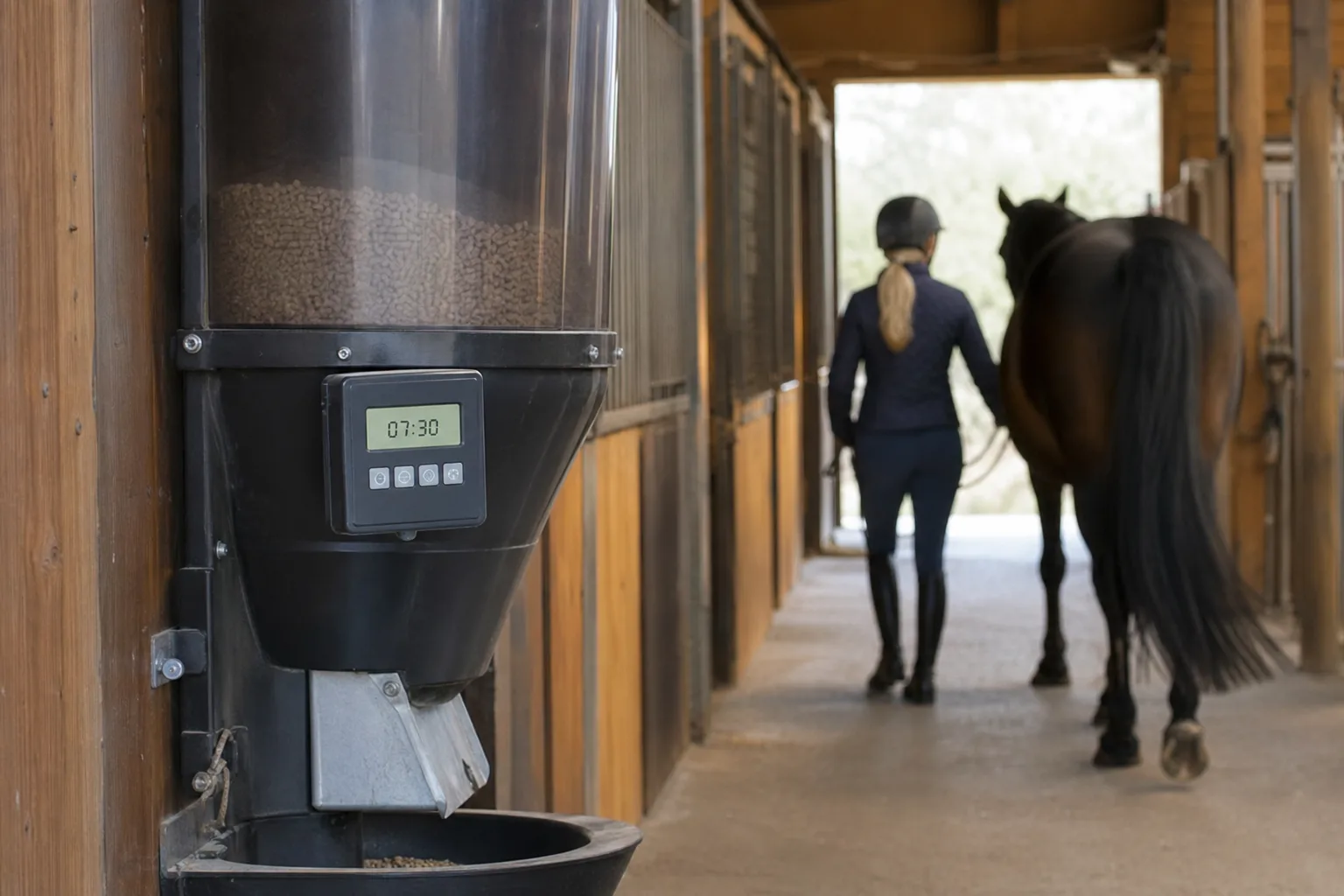 Digital timerpanel monterad på en foderautomat i stallet