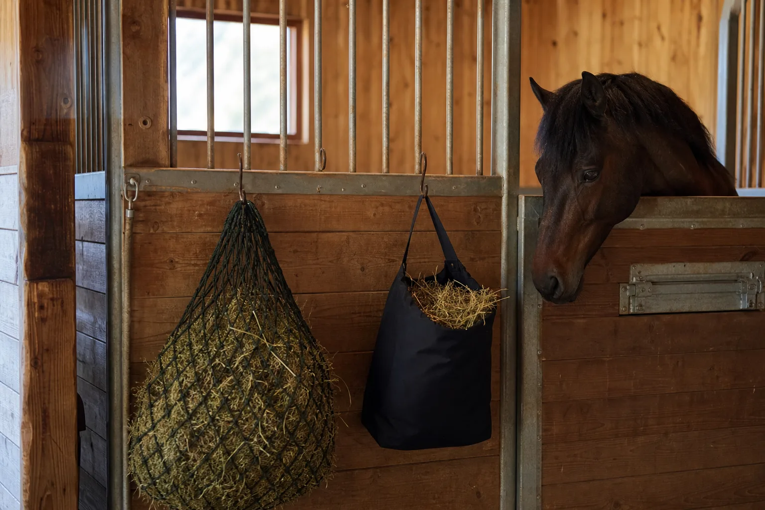 Hönät och höpåse upphängda bredvid varandra i en hästbox