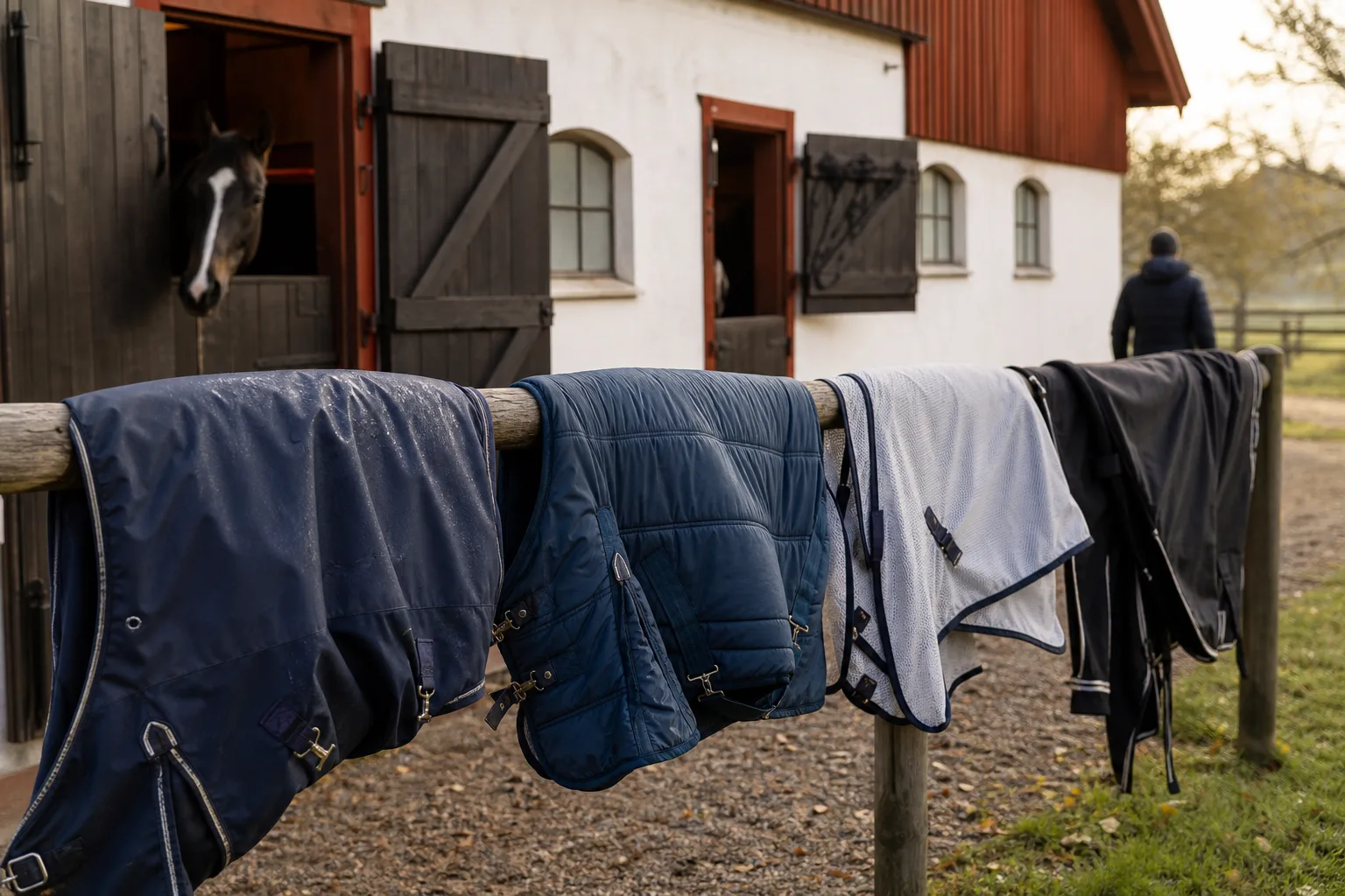 Olika hästtäcken i rad utanför ett stall, från regntäcke till vintertäcke