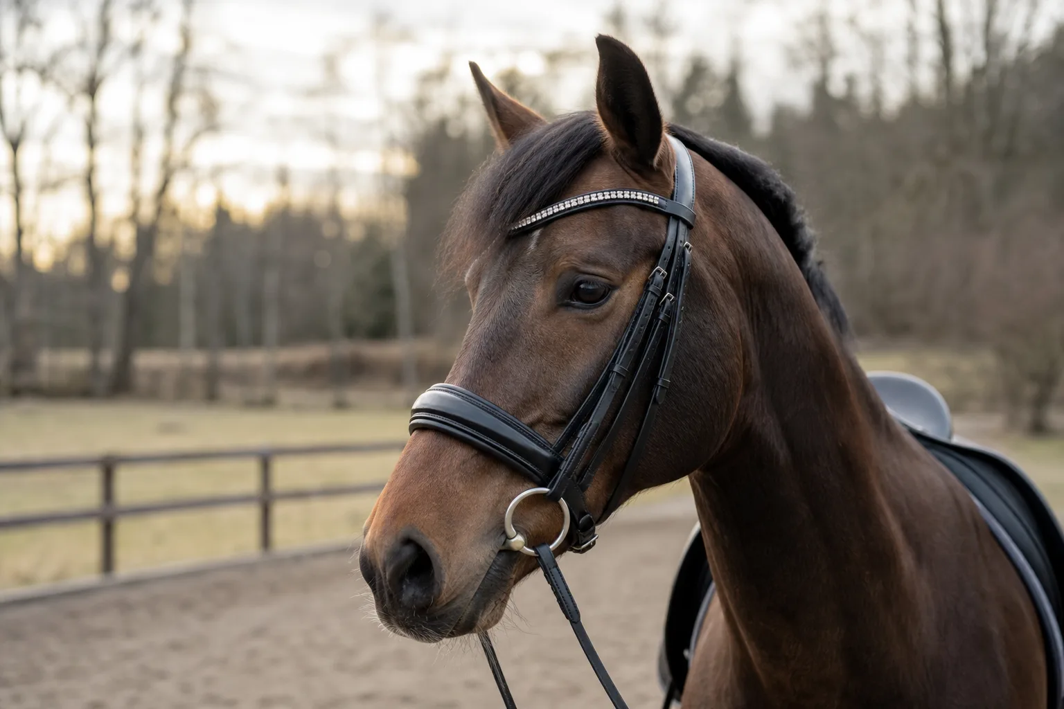 Dressyrträns med bred nosgrimma och pannband på hästhuvud